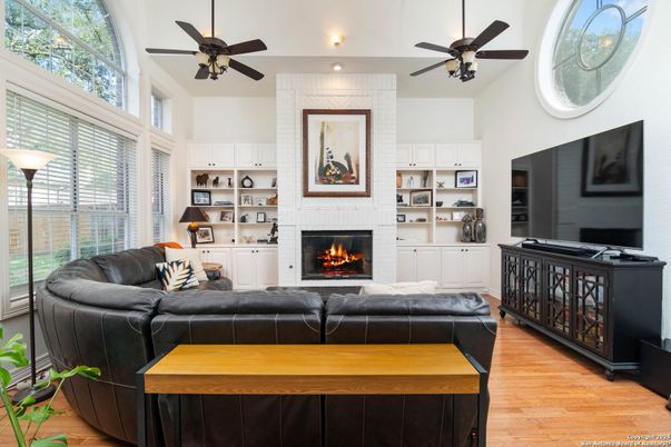 Fireplace, Interior, Living room, Recessed Lighting, Wood Texture Flooring