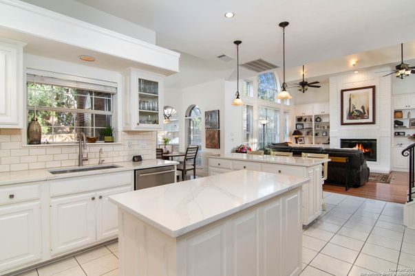Dining room, Fireplace, Interior, Kitchen, Living room, Pendant Lights, Recessed Lighting, Stainless Steel Appliances