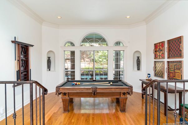 Billiard Table, Game Room, Interior, Recessed Lighting, Wood Texture Flooring
