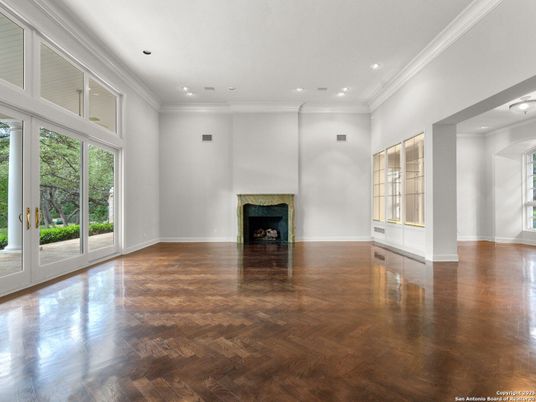 Empty room, Fireplace, Interior, Recessed Lighting, Wood Texture Flooring