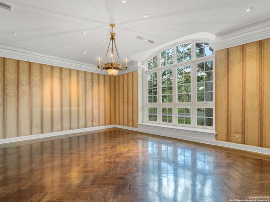 Chandelier, Empty room, Interior, Recessed Lighting, Wood Texture Flooring