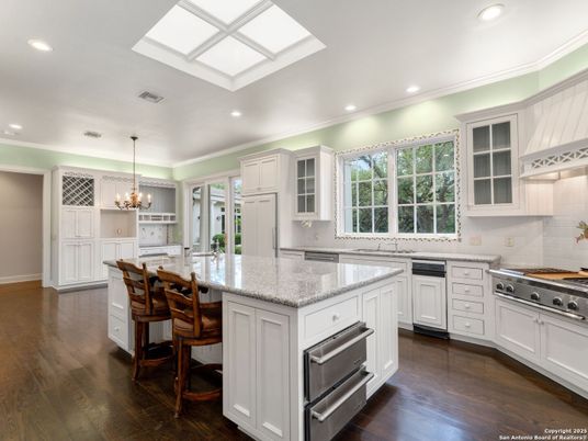 Chandelier, Interior, Kitchen, Recessed Lighting, Stainless Steel Appliances, Wood Texture Flooring