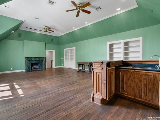 Empty room, Fireplace, Interior, Recessed Lighting, Wood Texture Flooring