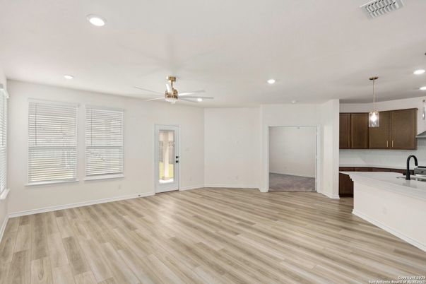 Empty room, Interior, Kitchen, Pendant Lights, Recessed Lighting, Wood Texture Flooring