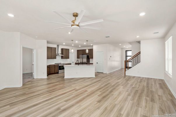 Empty room, Interior, Kitchen, Pendant Lights, Recessed Lighting, Wood Texture Flooring