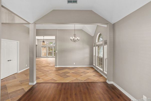 Chandelier, Empty room, Interior, Pendant Lights, Wood Texture Flooring