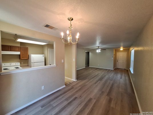 Chandelier, Empty room, Interior, Kitchen, Wood Texture Flooring