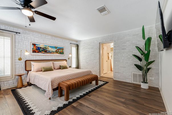 Bedroom, Interior, Stone Walls, Wood Texture Flooring