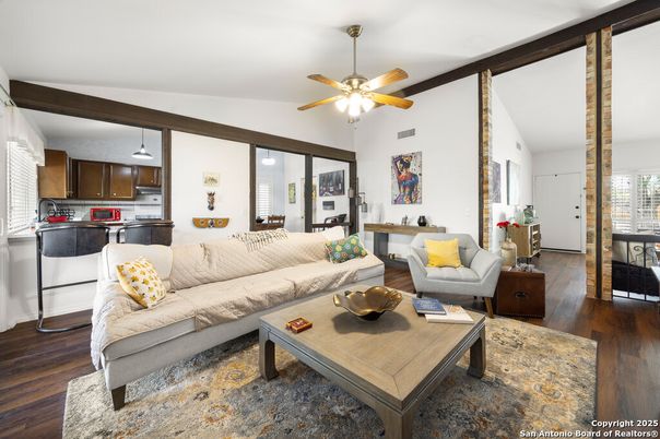 Interior, Kitchen, Living room, Pendant Lights, Wood Texture Flooring