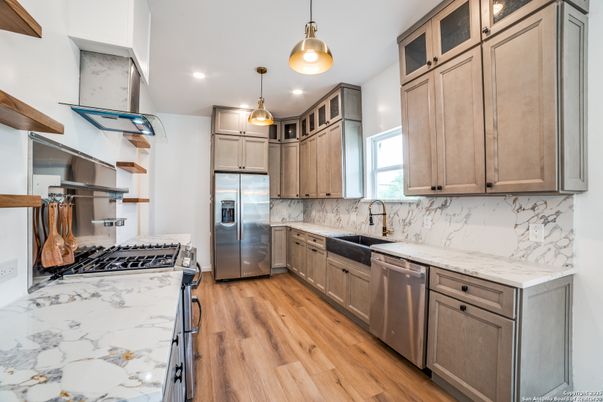 Interior, Kitchen, Pendant Lights, Recessed Lighting, Stainless Steel Appliances, Wood Texture Flooring