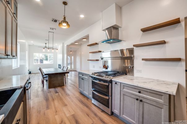 Interior, Kitchen, Pendant Lights, Recessed Lighting, Stainless Steel Appliances, Wood Texture Flooring