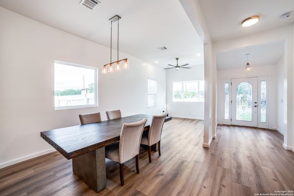 Dining room, Interior, Pendant Lights, Recessed Lighting, Wood Texture Flooring