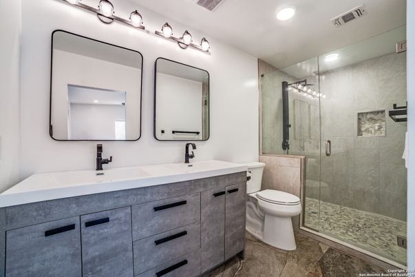 Bathroom, Dual Sink Vanities, Glass Shower, Interior, Recessed Lighting