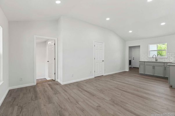Empty room, Interior, Kitchen, Recessed Lighting, Wood Texture Flooring