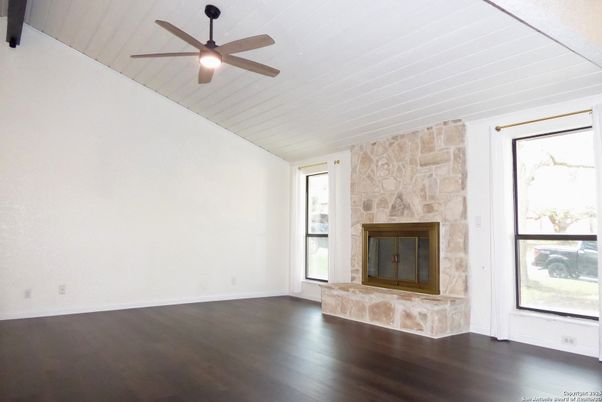 Empty room, Fireplace, Interior, Stone Walls, Wood Texture Flooring