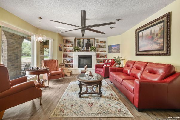Fireplace, Interior, Living room, Pendant Lights, Wood Texture Flooring