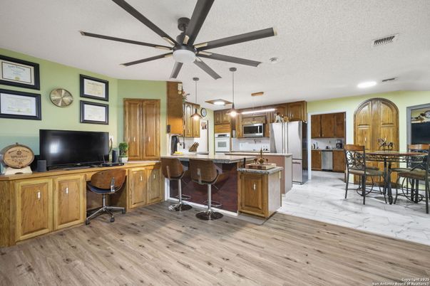Dining room, Interior, Kitchen, Marble, Pendant Lights, Recessed Lighting, Wood Texture Flooring
