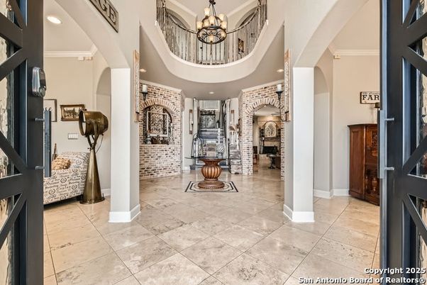 Chandelier, Fireplace, Interior, Pendant Lights, Recessed Lighting, Stone Walls