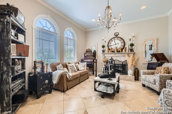 Chandelier, Fireplace, Interior, Living room, Piano, Recessed Lighting