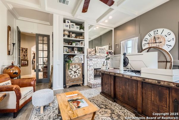 Fireplace, Home Office, Interior, Living room, Recessed Lighting, Wood Texture Flooring