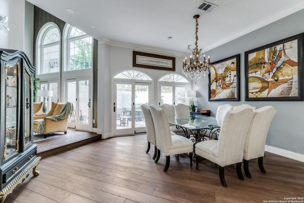 Chandelier, Dining room, Interior, Wood Texture Flooring