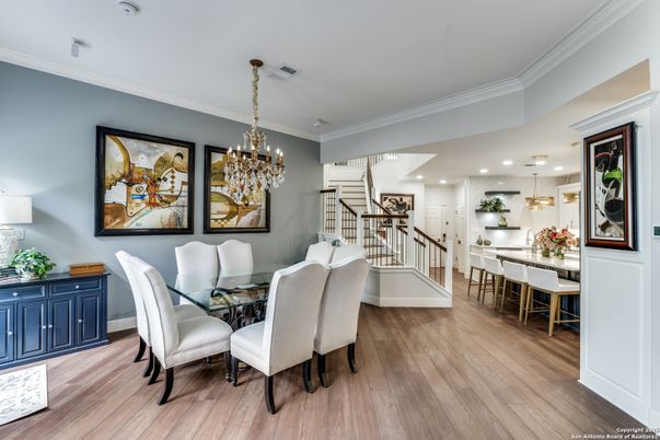 Chandelier, Dining room, Interior, Kitchen, Pendant Lights, Recessed Lighting, Wood Texture Flooring