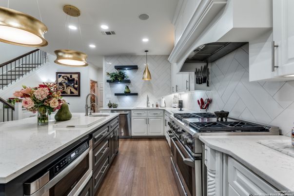 Interior, Kitchen, Pendant Lights, Recessed Lighting, Stainless Steel Appliances, Wood Texture Flooring