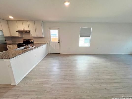 Empty room, Interior, Kitchen, Recessed Lighting, Wood Texture Flooring