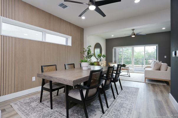 Dining room, Interior, Living room, Recessed Lighting, Wood Texture Flooring