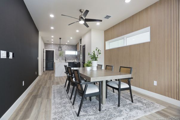 Dining room, Interior, Kitchen, Pendant Lights, Recessed Lighting, Wood Texture Flooring