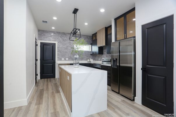 Interior, Kitchen, Pendant Lights, Recessed Lighting, Stainless Steel Appliances, Wood Texture Flooring