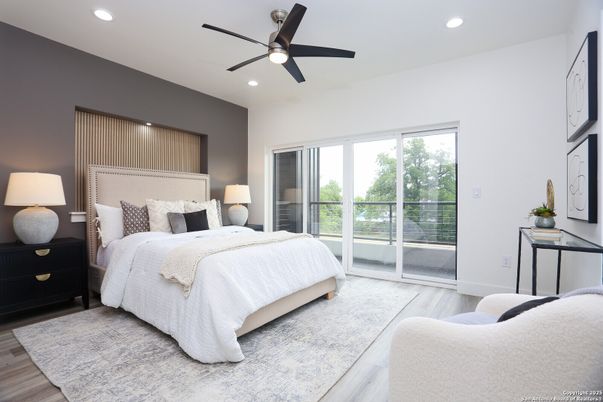Bedroom, Interior, Recessed Lighting, Wood Texture Flooring