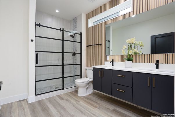 Bathroom, Glass Shower, Interior, Recessed Lighting, Wood Texture Flooring