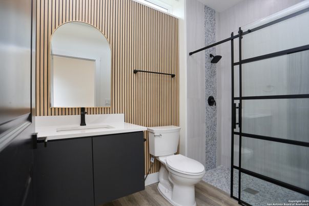 Bathroom, Glass Shower, Interior, Wood Texture Flooring