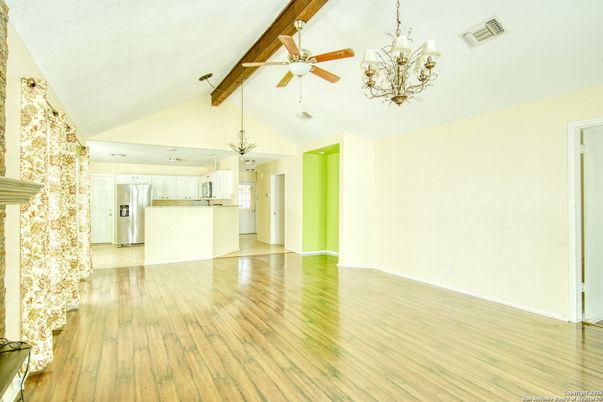 Chandelier, Empty room, Interior, Kitchen, Stainless Steel Appliances, Wooden Beams, Wood Texture Flooring