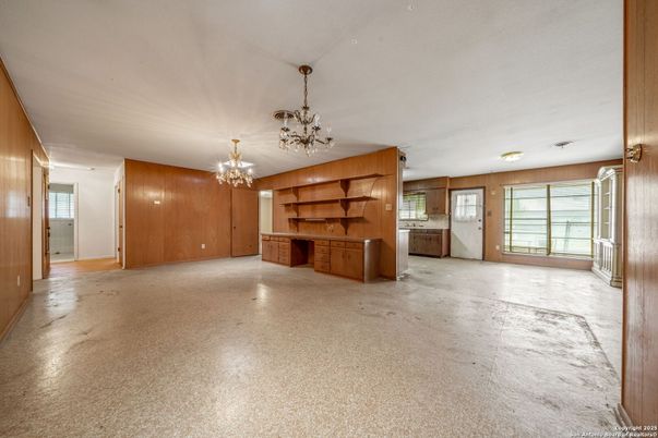 Chandelier, Empty room, Interior, Kitchen, Wooden Walls