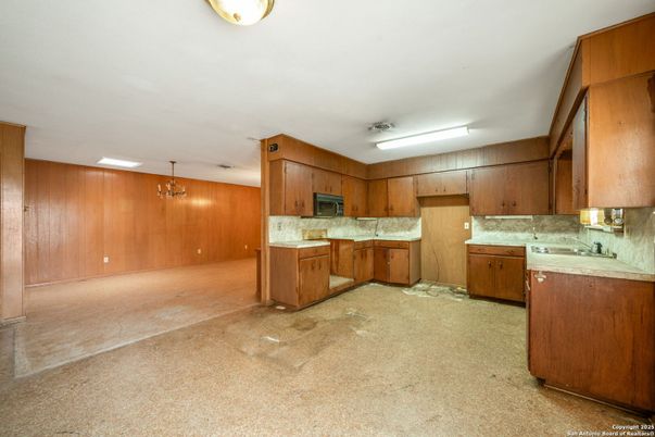 Empty room, Interior, Kitchen, Pendant Lights, Wooden Walls