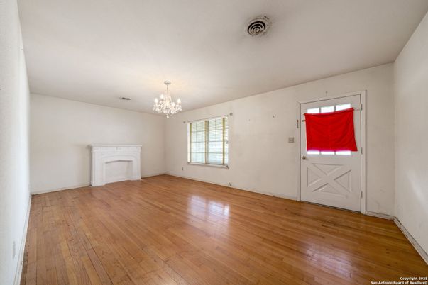 Chandelier, Empty room, Fireplace, Interior, Wood Texture Flooring