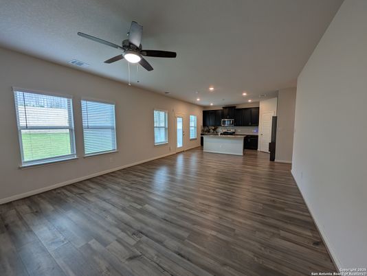 Empty room, Interior, Kitchen, Recessed Lighting, Wood Texture Flooring