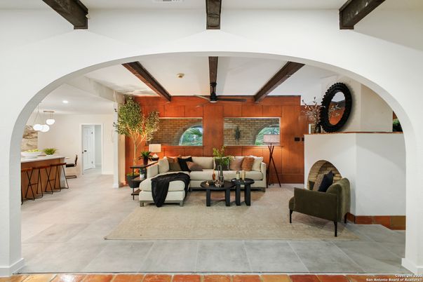 Fireplace, Interior, Living room, Recessed Lighting, Wooden Beams, Wooden Walls