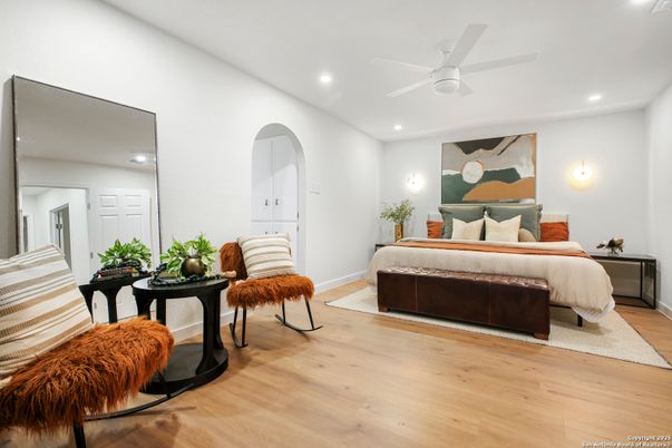 Bedroom, Interior, Recessed Lighting, Wood Texture Flooring