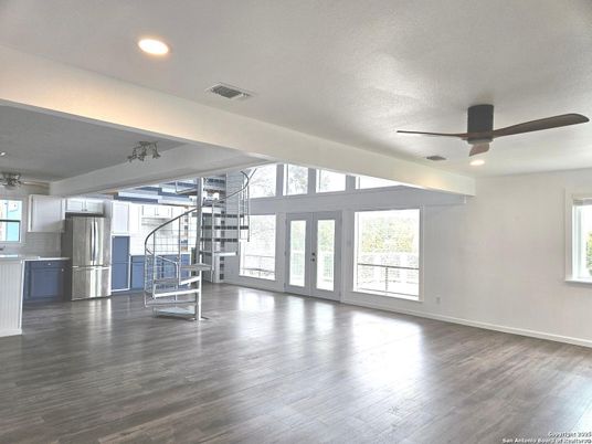 Empty room, Interior, Kitchen, Recessed Lighting, Wood Texture Flooring