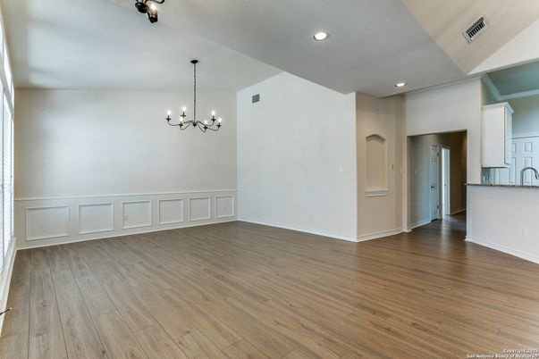 Chandelier, Empty room, Interior, Recessed Lighting, Wood Texture Flooring