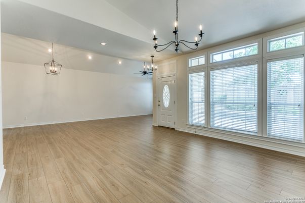 Chandelier, Empty room, Interior, Pendant Lights, Recessed Lighting, Wood Texture Flooring