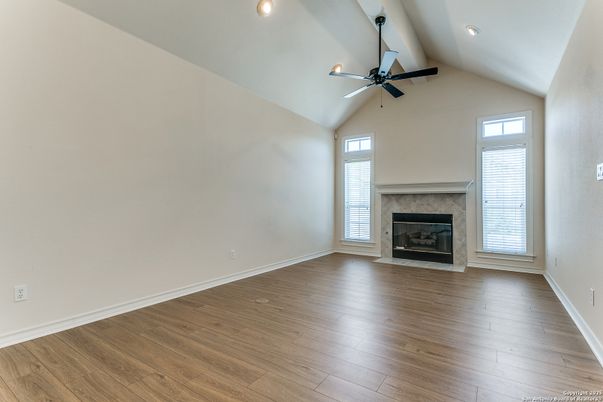 Empty room, Fireplace, Interior, Recessed Lighting, Wood Texture Flooring
