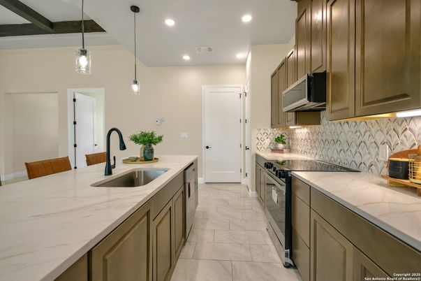 Interior, Kitchen, Marble, Pendant Lights, Recessed Lighting