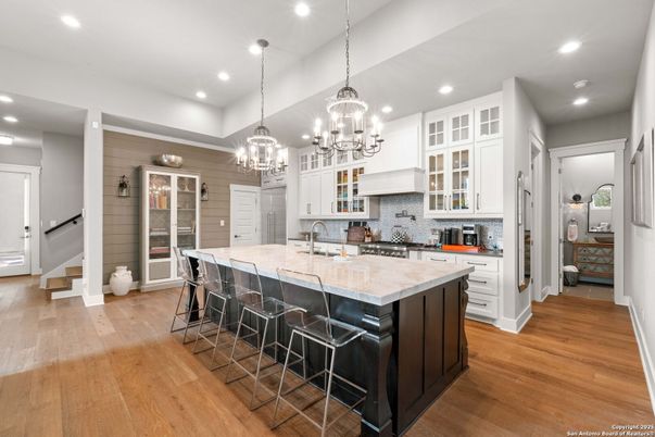 Chandelier, Interior, Kitchen, Pendant Lights, Recessed Lighting, Wood Texture Flooring