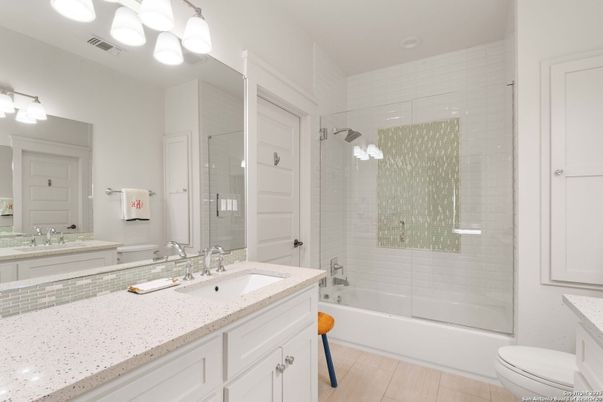 Bathroom, Dual Sink Vanities, Glass Shower, Interior, Wood Texture Flooring