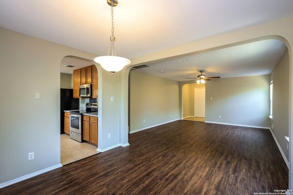 Empty room, Interior, Kitchen, Pendant Lights, Wood Texture Flooring