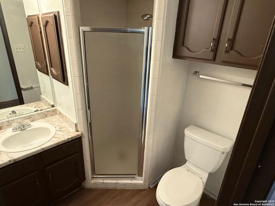 Bathroom, Glass Shower, Interior, Tile Countertops, Wood Texture Flooring